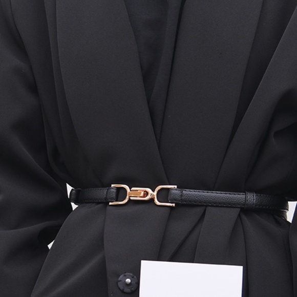 2/$30 Thin Black Belt Gold Clasp Buckle PU Leather Adjustable Dress Coat OS - Picture 7 of 7